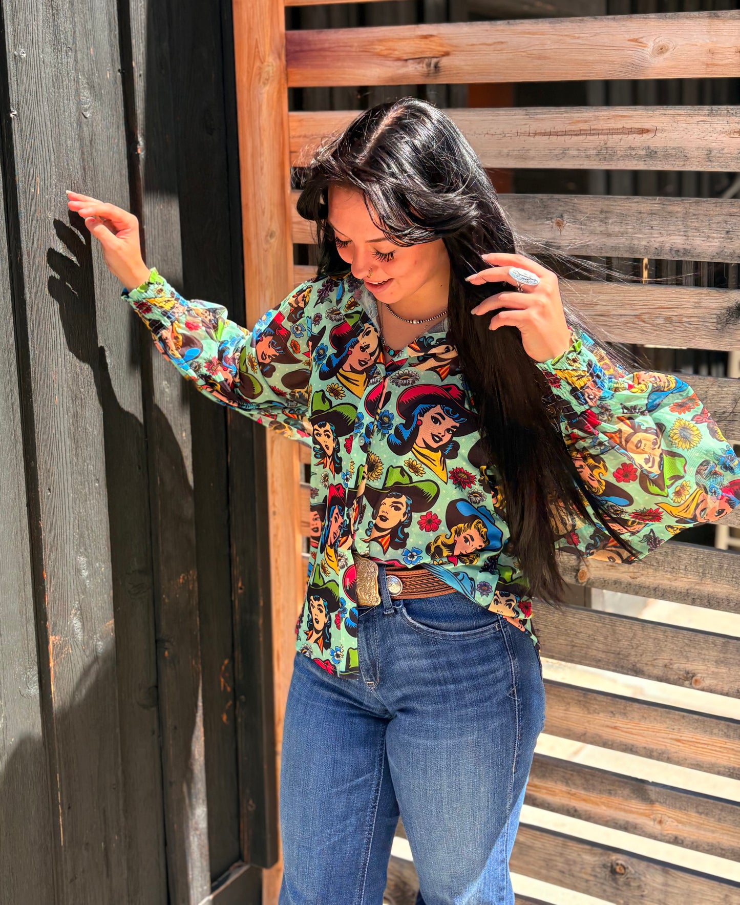 Texas Hold 'Em Retro Comic Cowgirl Button Up Mesh Blouse ~ PREORDER AUGUST/SEPTEMBER 2026