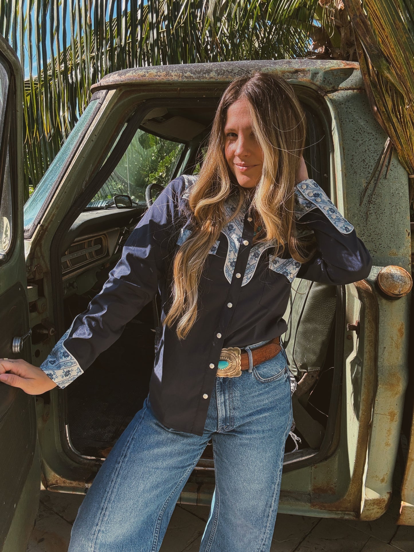 John Wayne Western Pearl Snap Button Up Top In Denim Blue PREORDER MARCH/APRIL 2026