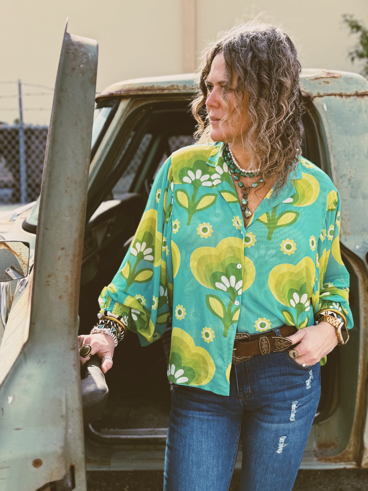 Casa Dega Mesh Balloon Sleeve Button Up Blouse (1S-2M-2L-1XL)