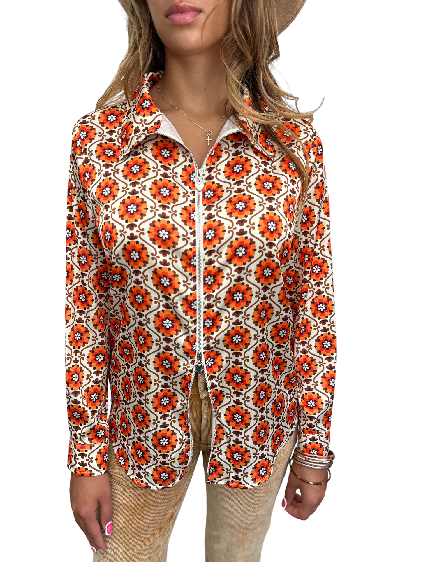 PRE PACK Red/Orange Poppy Flower Zipper Front Blouse (2S-2M-2L-1XL)