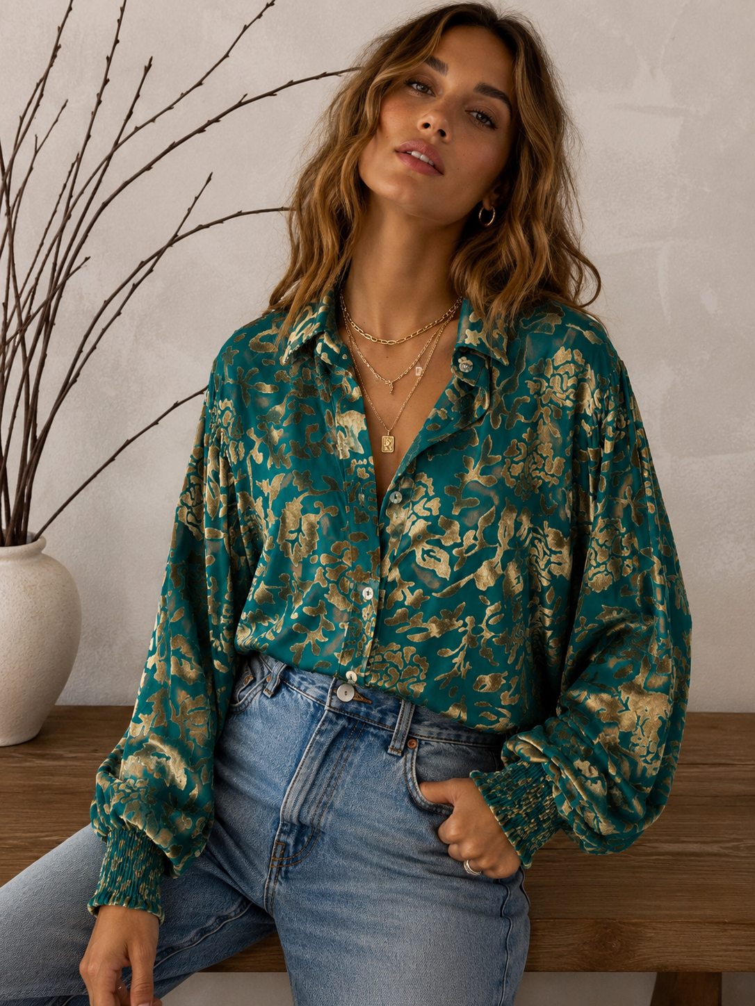 After Midnight Burnout Velvet Mesh Balloon Sleeve Button Up Blouse ~  PREORDER JULY/AUGUST 2026