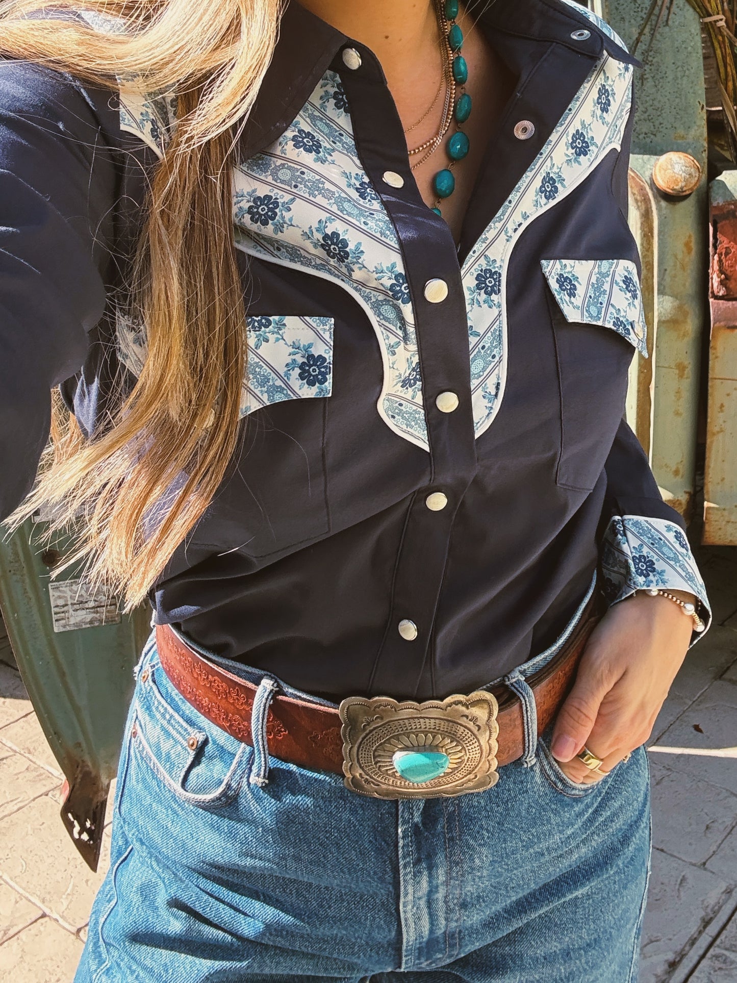 John Wayne Western Pearl Snap Button Up Top In Denim Blue PREORDER MARCH/APRIL 2026