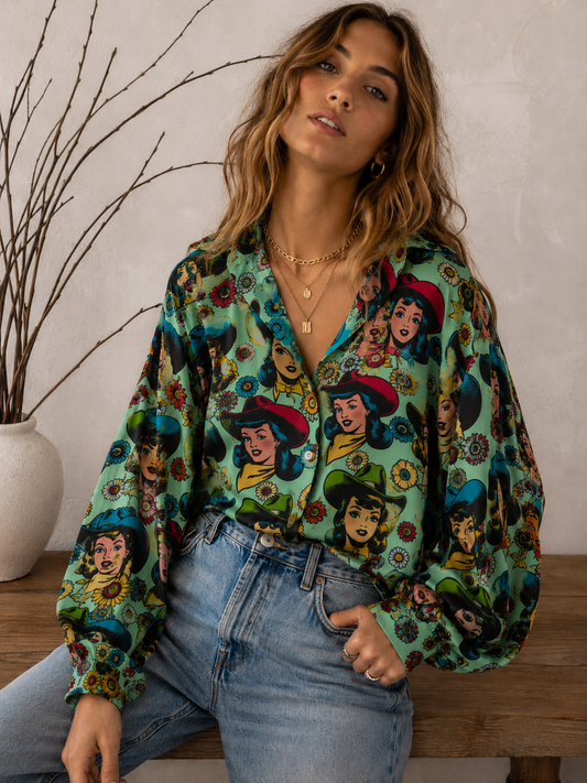 Texas Hold 'Em Retro Comic Cowgirl Button Up Mesh Blouse ~ PREORDER End Of July / Early August