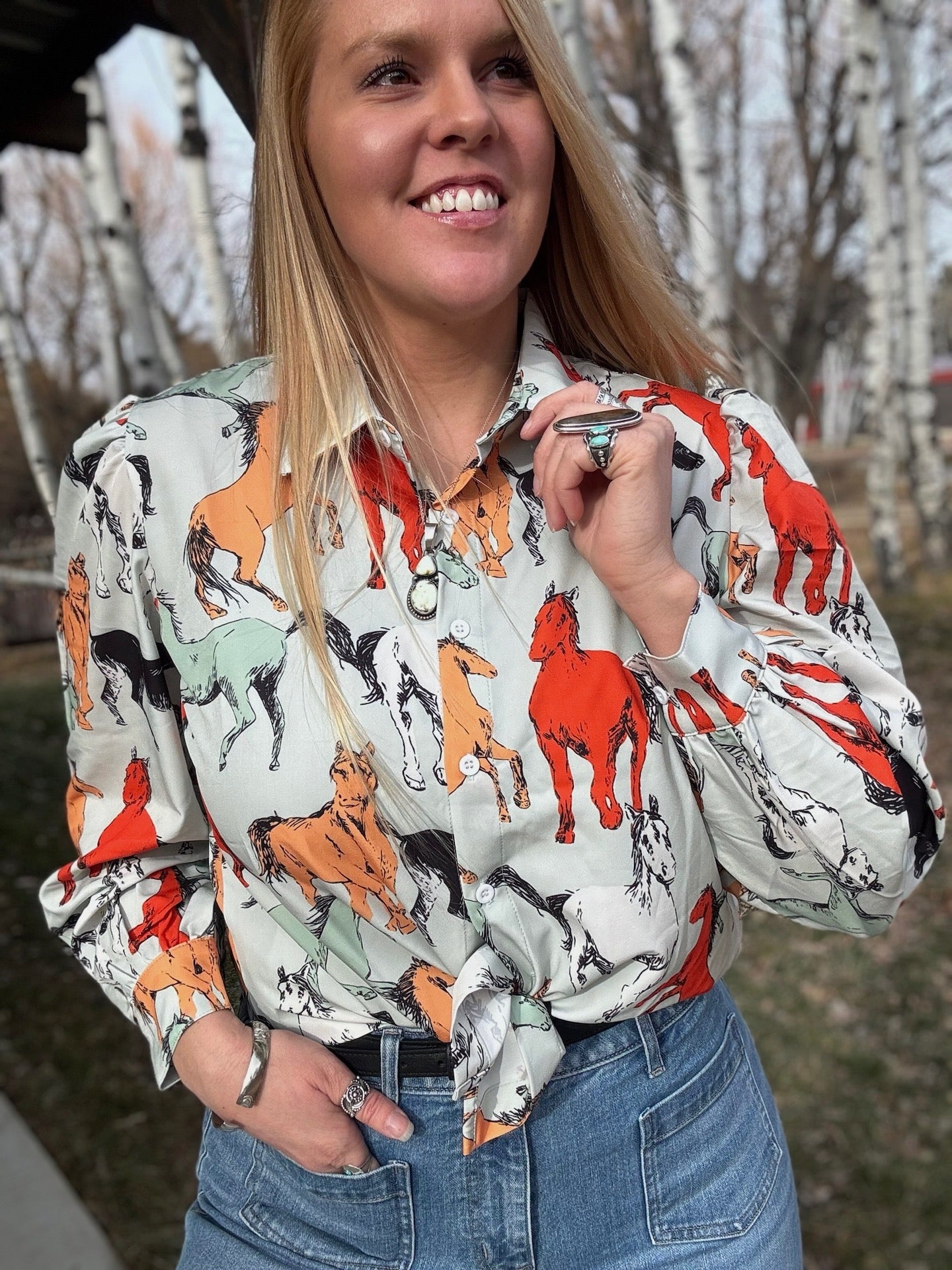 Off To The Races Horse Print Blouse