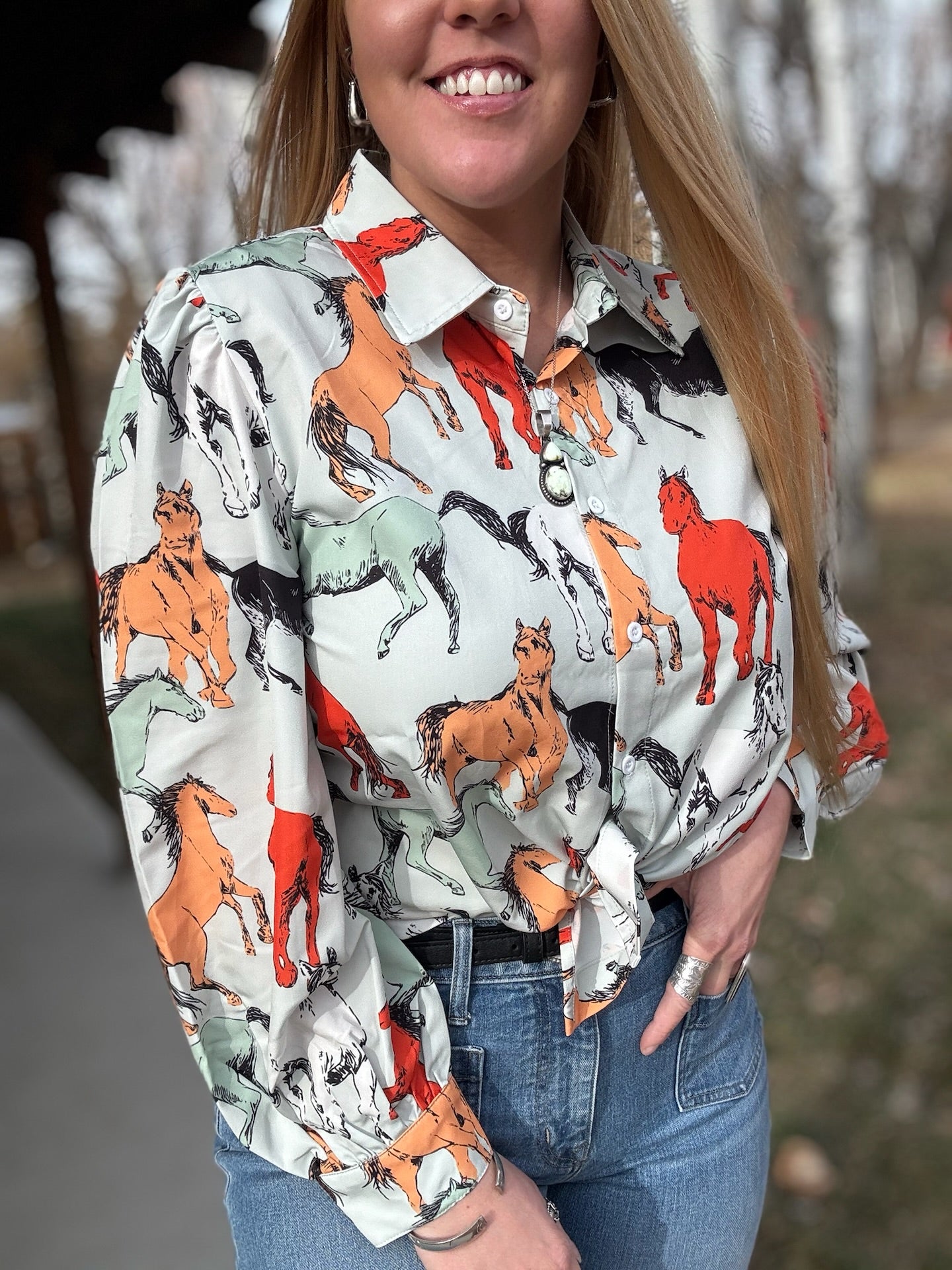 Off To The Races Horse Print Blouse