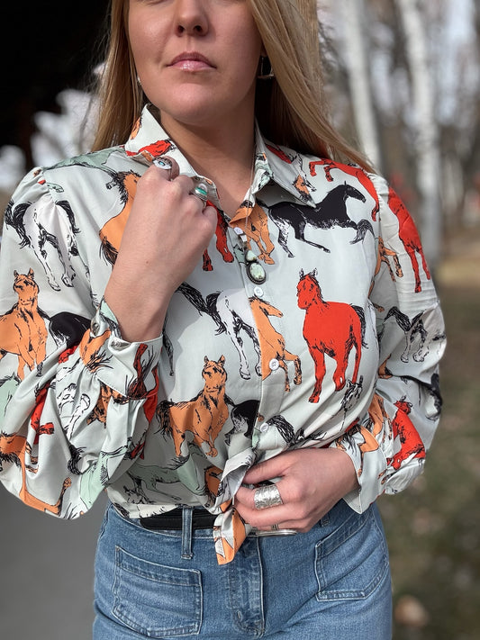 Off To The Races Horse Print Blouse